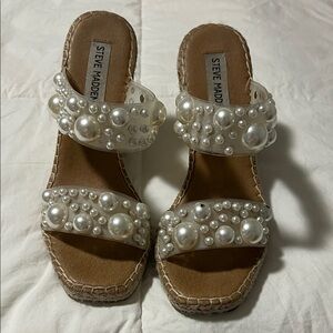 Steve Madden Pearl-Embellished Clear Strap Slide Sandals - White Pearls